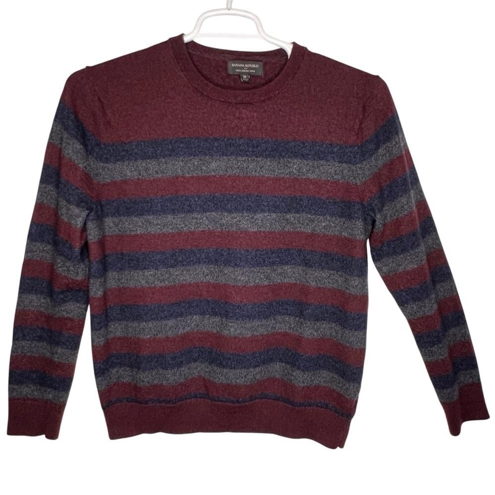 Y2K Banana Republic Merino Wool Burgundy Gray Stripped Crew Neck Sweater Size XL - Picture 12 of 12